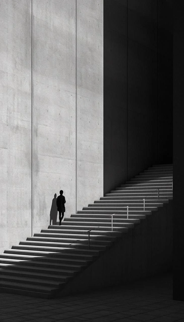 Persona ascendiendo por una arquitectura de líneas precisas