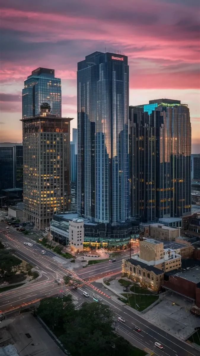 Vista urbana de Houston, Texas, al atardecer